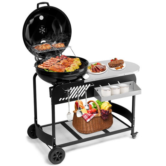 Portable Charcoal Grill with Cart, BBQ Charcoal Grill with Porcelain-Enameled Lid & Slide Out Ash Catcher Thermometer