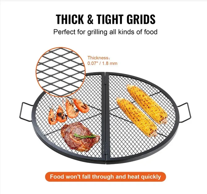 VEVOR X-Marks Fire Pit Grill Grate Foldable Round Cooking Grate BBQ Grid with Handle Support X Wire Portable Camping Cookware