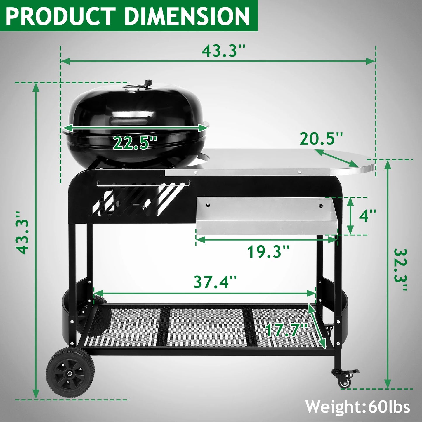 Portable Charcoal Grill with Cart, BBQ Charcoal Grill with Porcelain-Enameled Lid & Slide Out Ash Catcher Thermometer