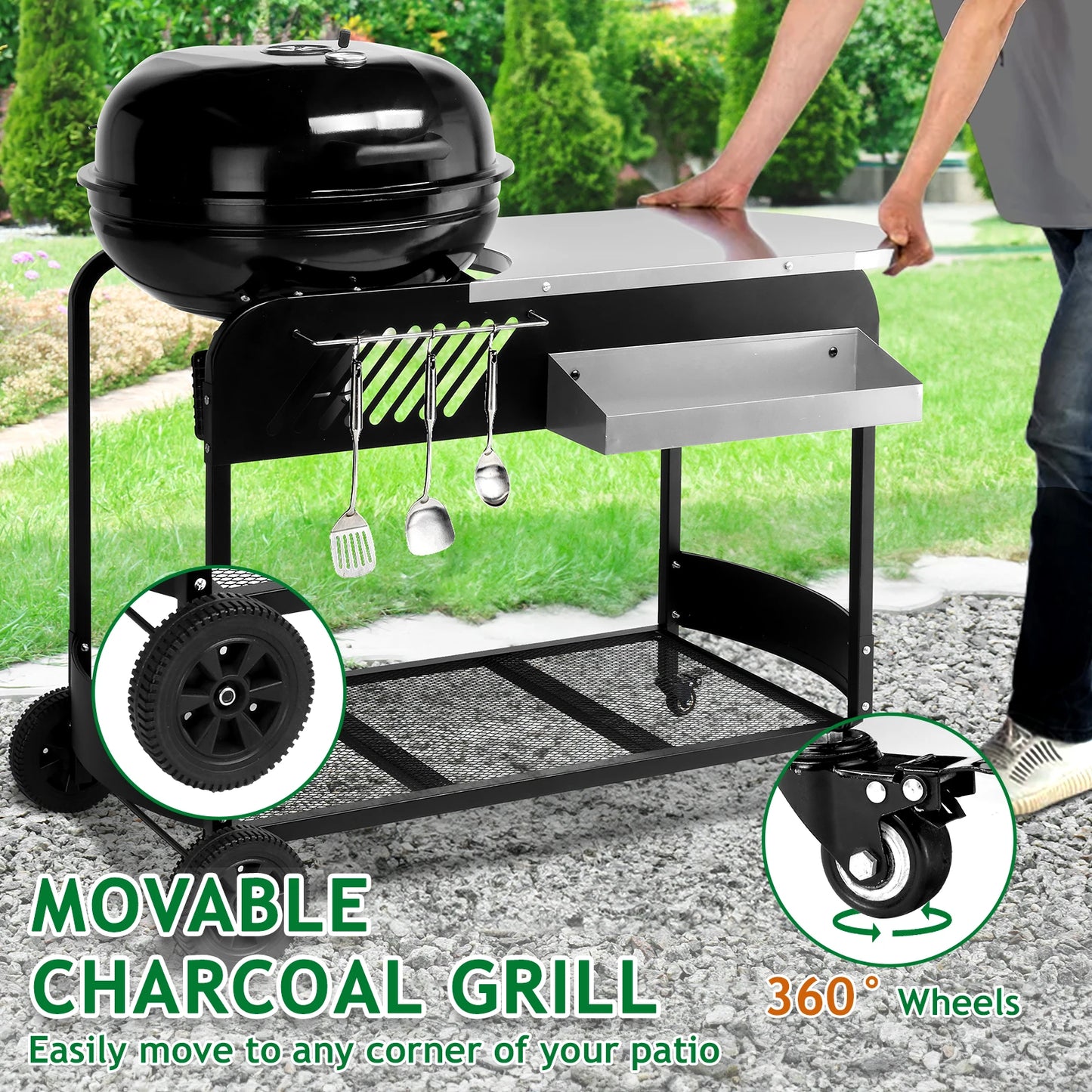 Portable Charcoal Grill with Cart, BBQ Charcoal Grill with Porcelain-Enameled Lid & Slide Out Ash Catcher Thermometer