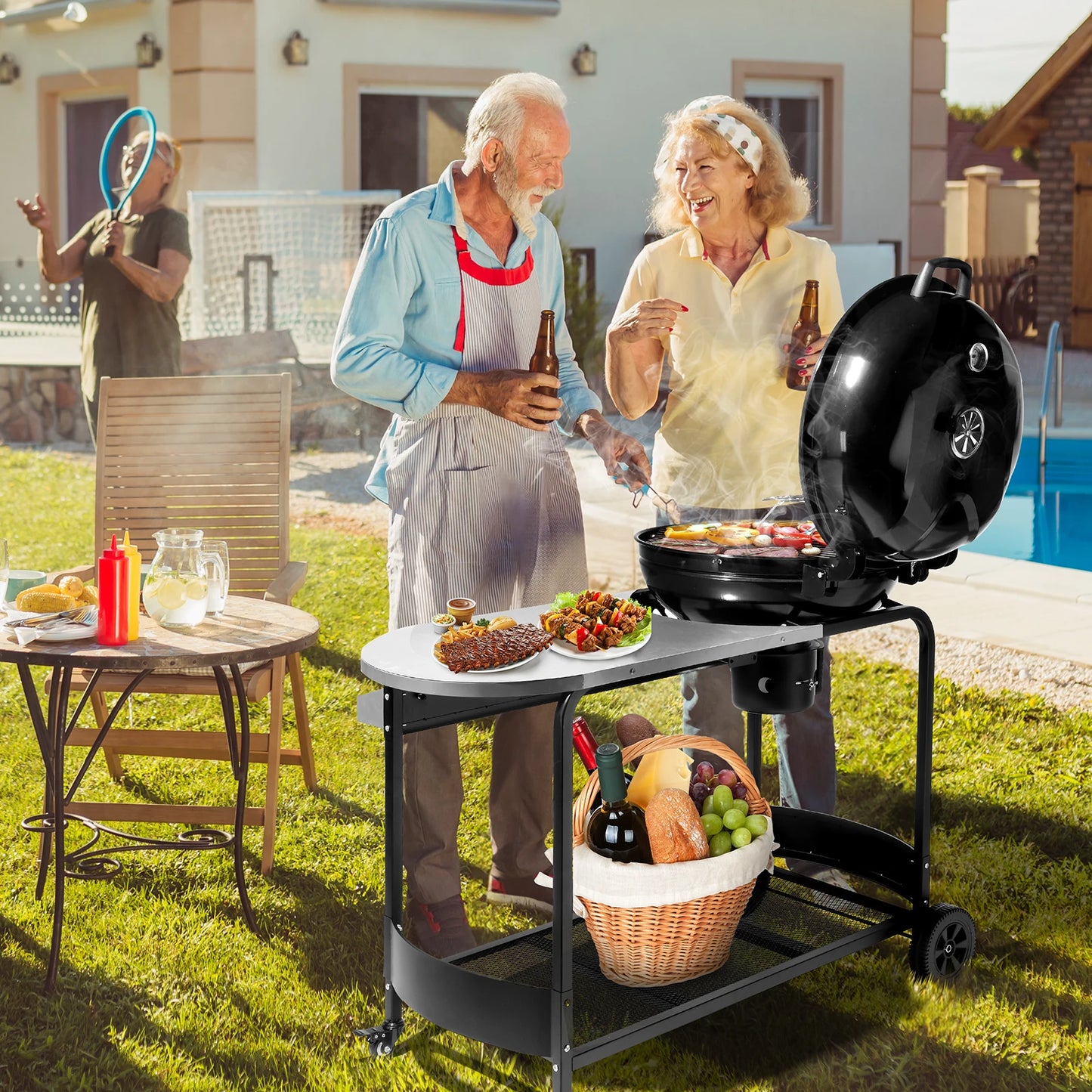 Portable Charcoal Grill with Cart, BBQ Charcoal Grill with Porcelain-Enameled Lid & Slide Out Ash Catcher Thermometer
