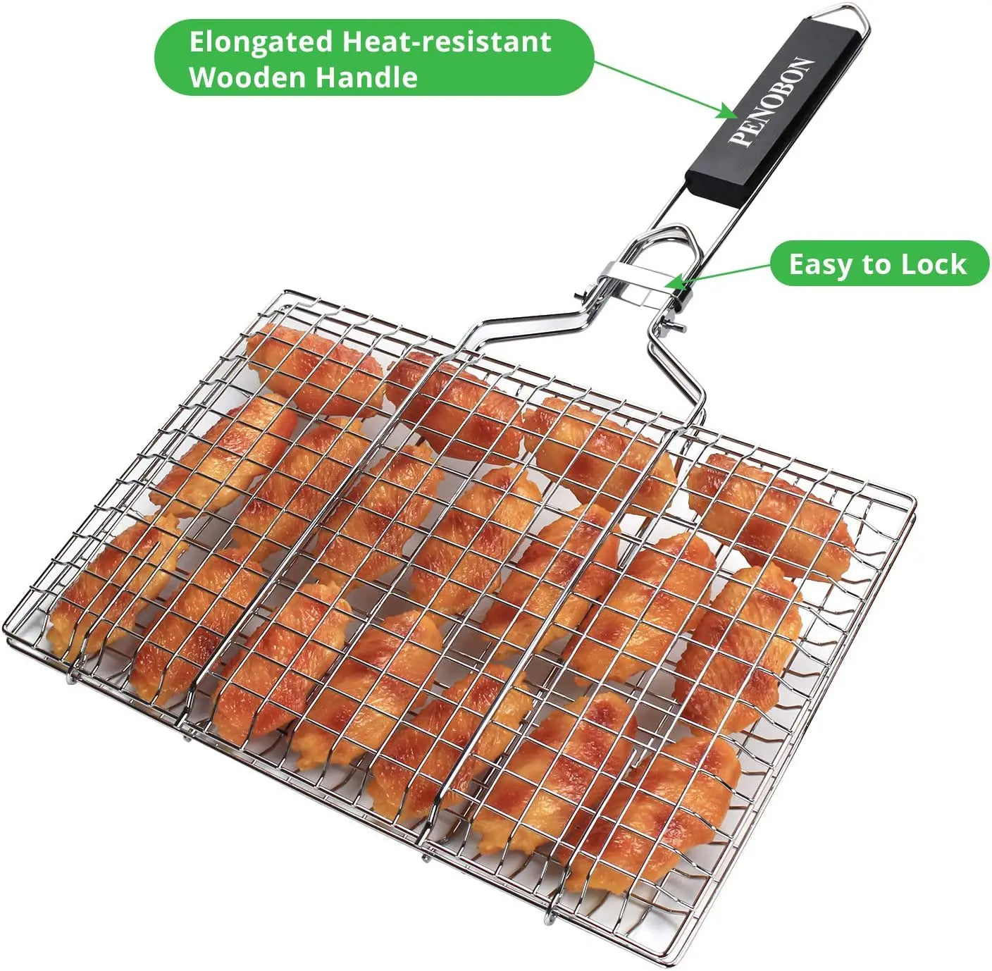 Fish Grilling Folding Portable Stainless Steel BBQ Grill Basket for Vegetables Shrimp Come with Basting Brush and Storage Bag