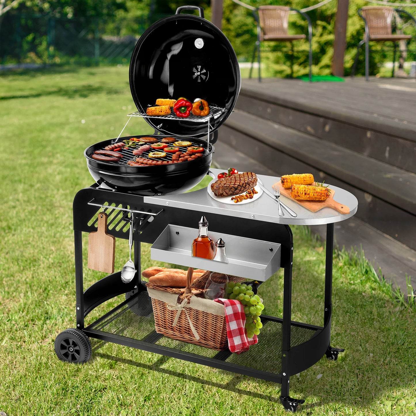 Portable Charcoal Grill with Cart, BBQ Charcoal Grill with Porcelain-Enameled Lid & Slide Out Ash Catcher Thermometer