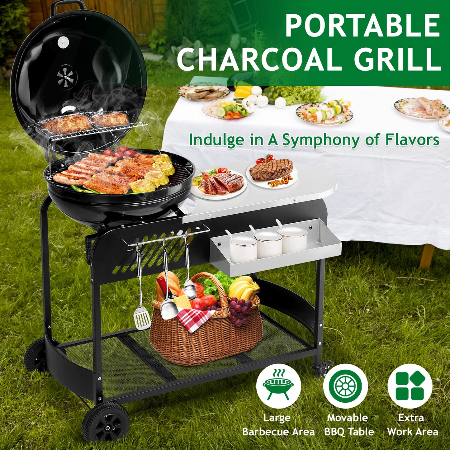 Portable Charcoal Grill with Cart, BBQ Charcoal Grill with Porcelain-Enameled Lid & Slide Out Ash Catcher Thermometer