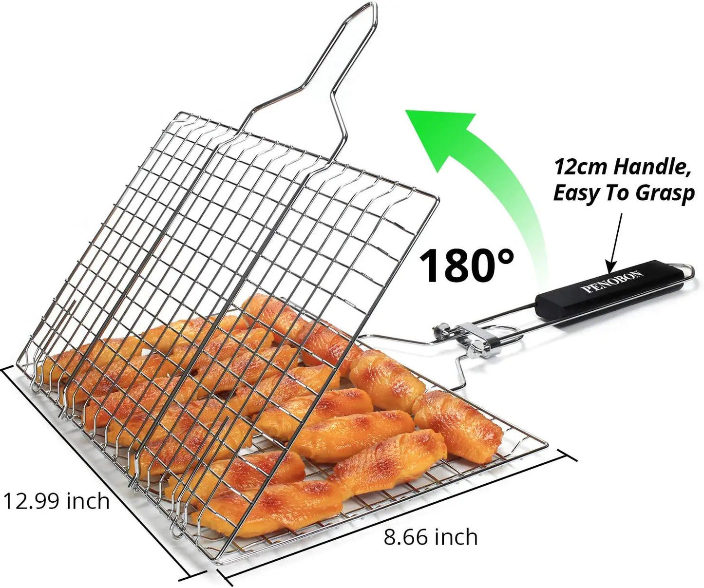 Fish Grilling Folding Portable Stainless Steel BBQ Grill Basket for Vegetables Shrimp Come with Basting Brush and Storage Bag