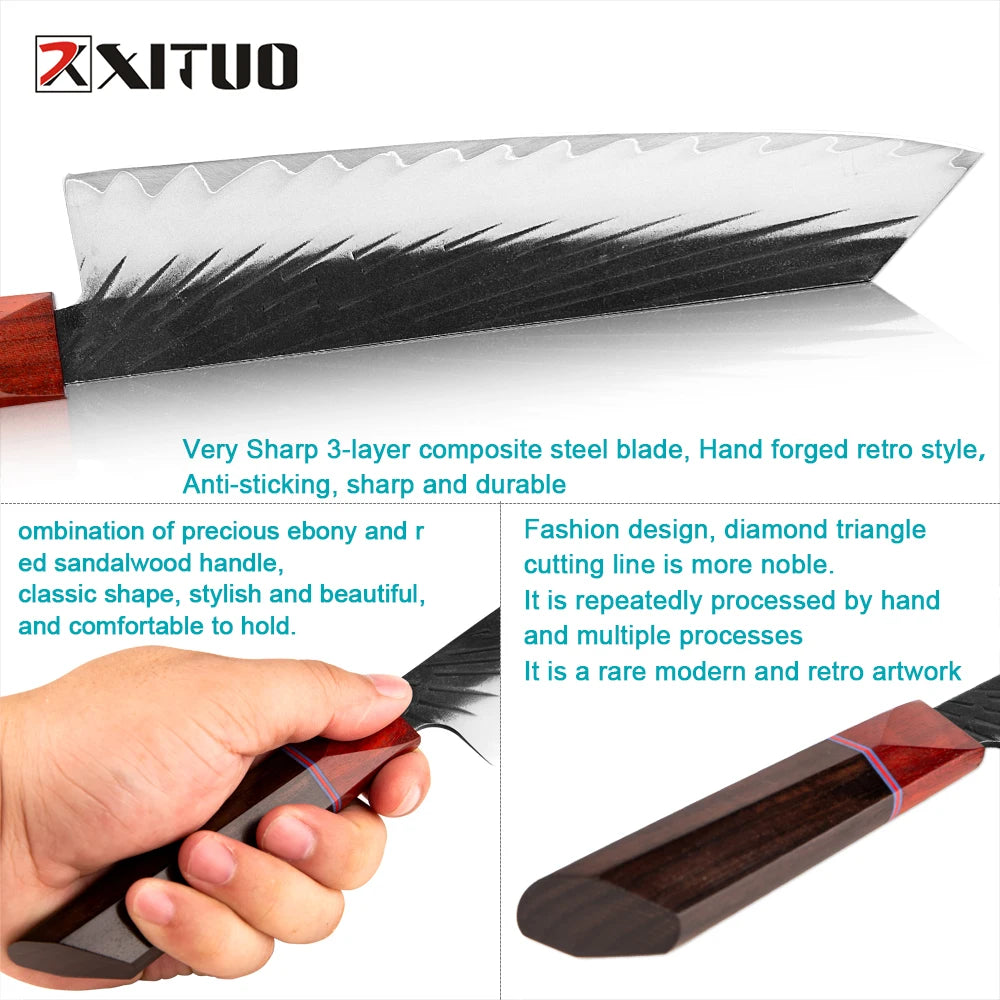 XITUO Kiritsuke knife Handmade Forged Sharp Three-layer Clad Steel Kitchen Chef Knife Octagonal Handle With Ergonomic Handle