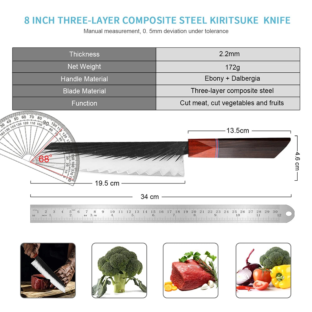 XITUO Kiritsuke knife Handmade Forged Sharp Three-layer Clad Steel Kitchen Chef Knife Octagonal Handle With Ergonomic Handle