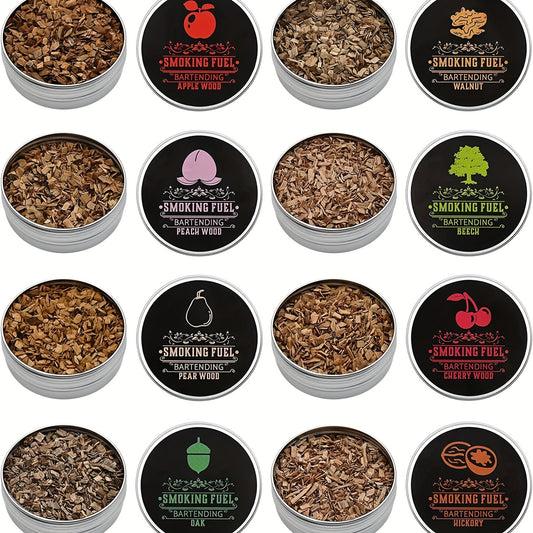 8pcs, Smoked Cocktail Saw Chips, 8 Flavors Saw Chips Including Cherry, Apple, Pecan, Beech, Pear, Walnut, Peach, Oak, BBQ Wood Chips For Smoking, Popular Medium-sized Wood Chips