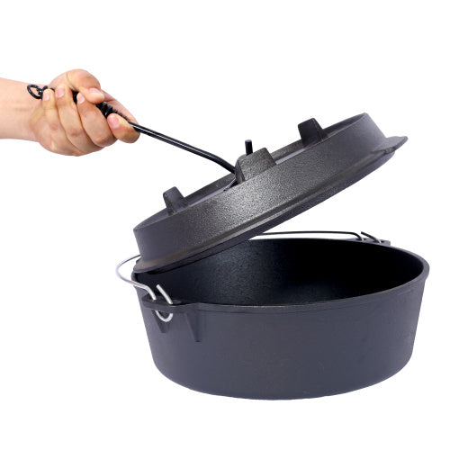 Pre-Seasoned Cast Iron Dutch Oven With Skillet Lid, Outdoor Camping Deep Pot For Camping Fireplace Cooking BBQ Baking Campfire, With Iron Pot Rack, 6 Quart