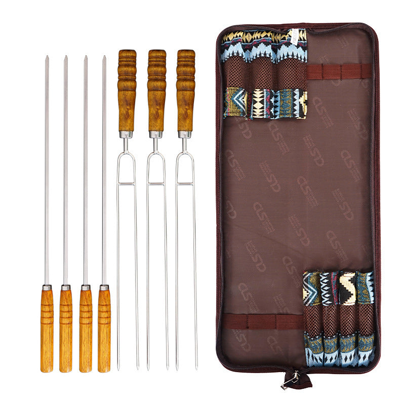 Barbecue Skewer Portable Stainless Steel U Shaped Picnic 7 Piece Set With Wooden Handle