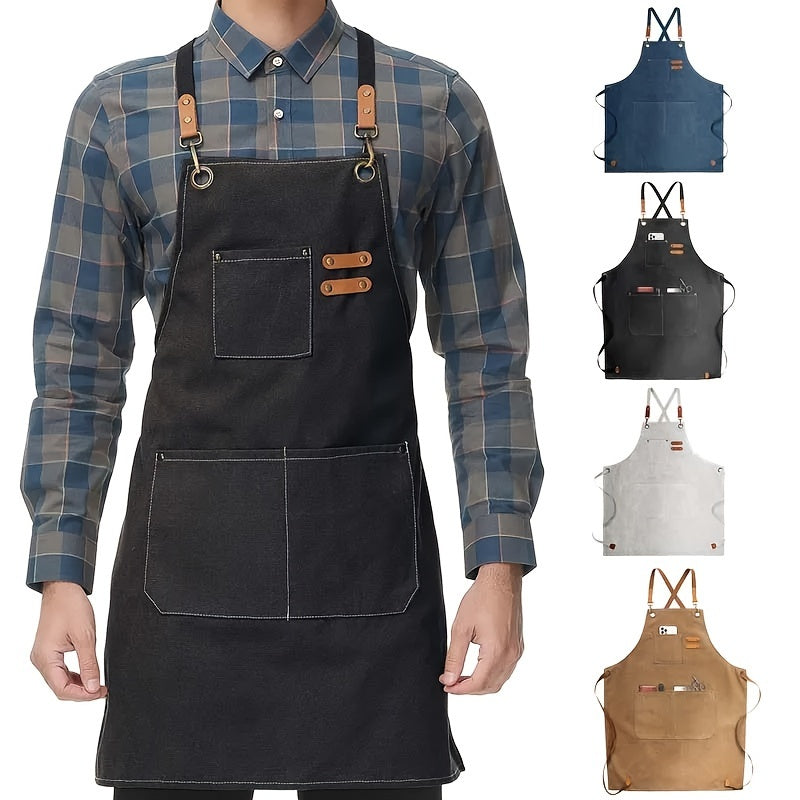 Canvas Cooking Apron with Hand Wipe - Adjustable with Tool Pockets, Modern Design for Kitchen, BBQ, Restaurant - Available in Black, Brown, Blue, Beige