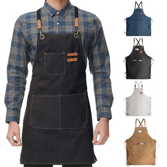 Canvas Cooking Apron with Hand Wipe - Adjustable with Tool Pockets, Modern Design for Kitchen, BBQ, Restaurant - Available in Black, Brown, Blue, Beige