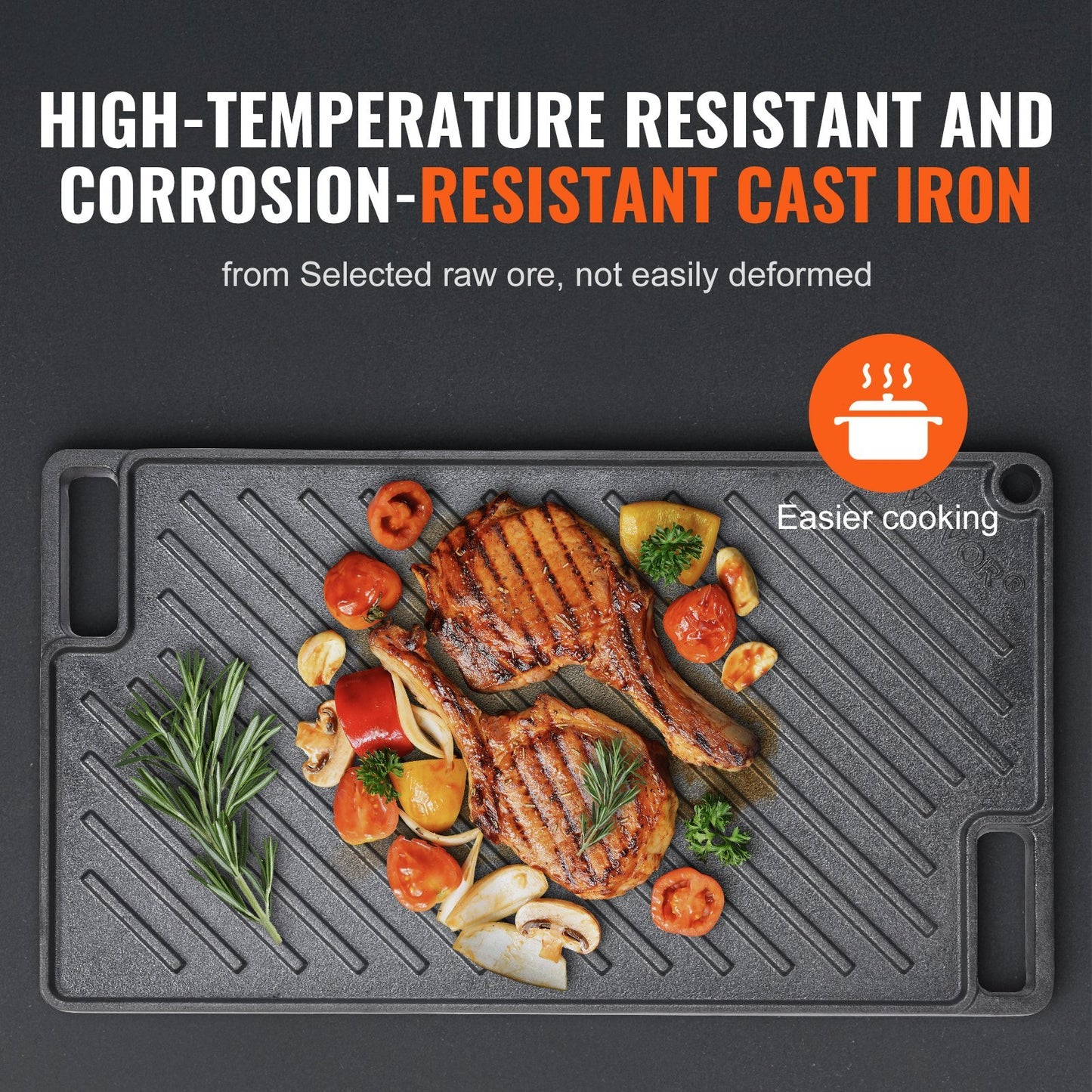 VEVOR Reversible Grill Griddle, Pre-Seasoned Cast Iron Griddle, Rectangular Double Burner Griddle Pan, Non-Stick Family Pan Cookware With Handles, Flat Top Plate For BBQ, Gas Grill, Black