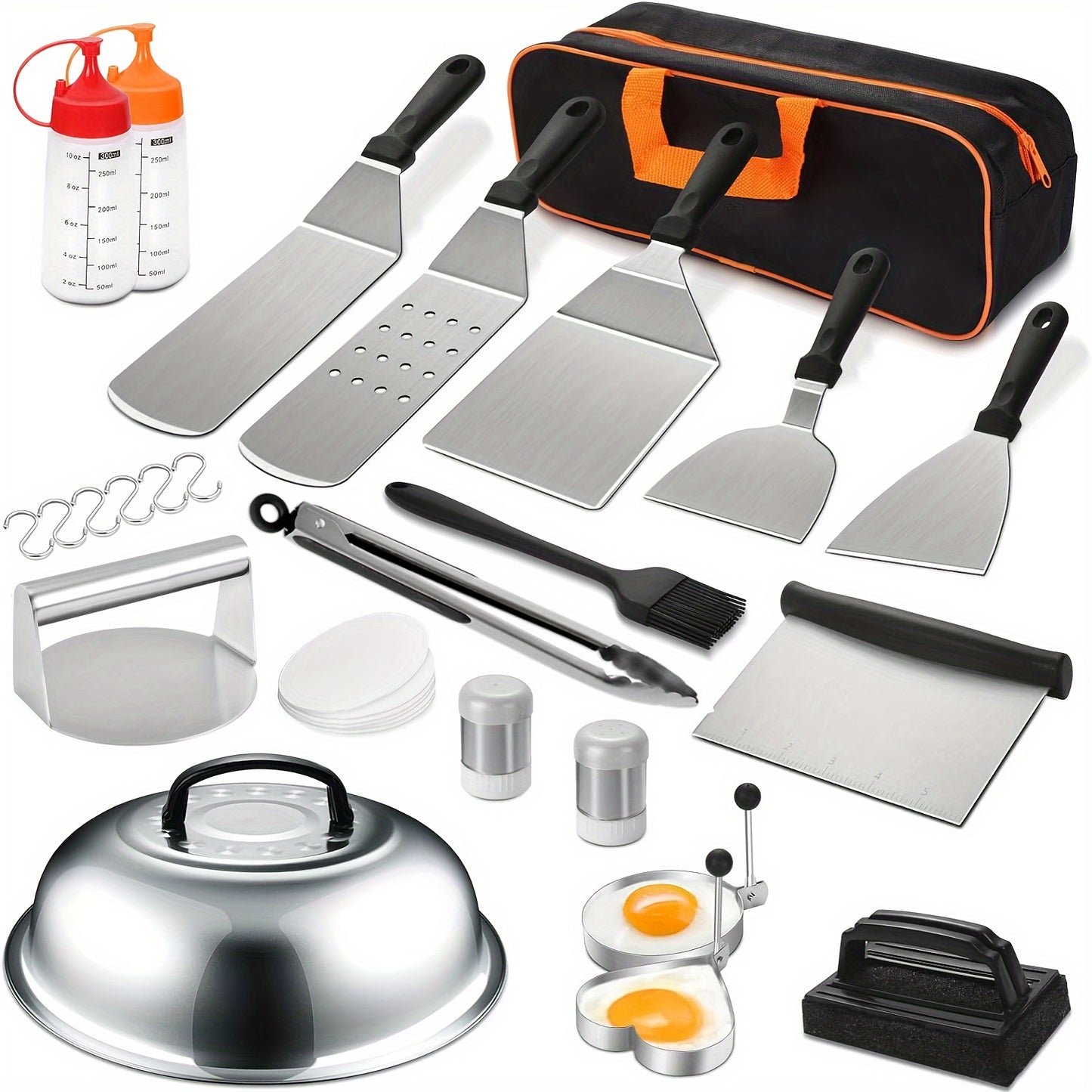 25pcs Stainless Steel Griddle Grill Accessories Set, Professional Flat Top BBQ Tools With Extended Spatulas, Scrapers, Egg Rings, Squeeze Bottles, For Outdoor Barbecue And Camping Chef Use