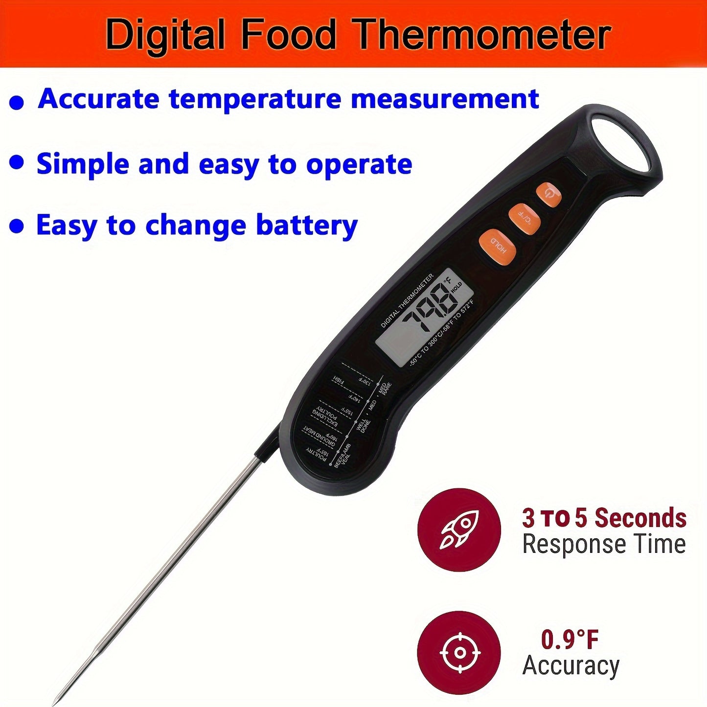 1pc Digital Meat Thermometer with Probe - Instant Read Food Thermometer for Cooking, Baking, Liquids, Candy, Grilling, BBQ, Air Fryer - Accurate, Fast, Easy-to-Use Kitchen Accessory for Perfectly Cooked Meals