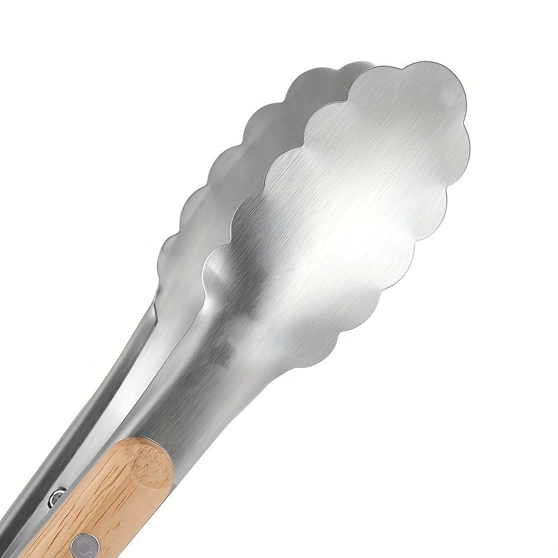 Premium Stainless Steel Serving Tongs with Oak Handle - Extended BBQ & Steak Clips for Kitchen and Dining