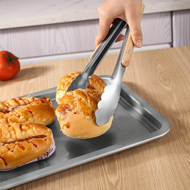 Premium Stainless Steel Serving Tongs with Oak Handle - Extended BBQ & Steak Clips for Kitchen and Dining
